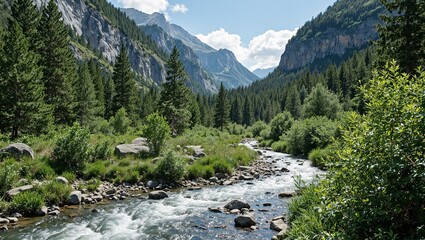 Tranquil mountain stream flowing through dense forest with majestic cliffs