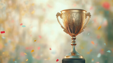 Golden trophy celebrating success amidst falling confetti. Perfect award ceremony concept for recognizing excellence, achievement, and victory in competitions.