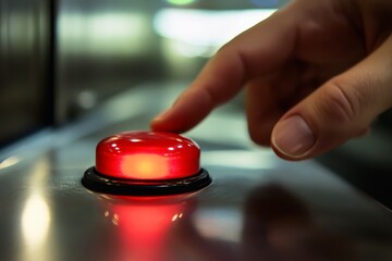 Pressing the big red button with a finger.