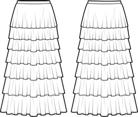 Technical flat sketch of Tiered long skirt. Layered maxi skirt with flounce hem. Vector mock up Template. 