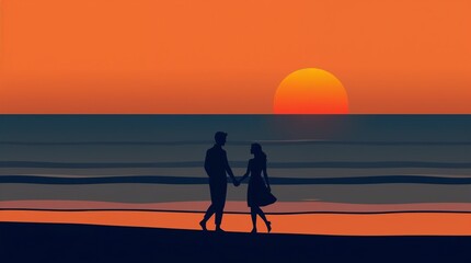 Fototapeta premium Romantic couple walking on the beach at sunset.