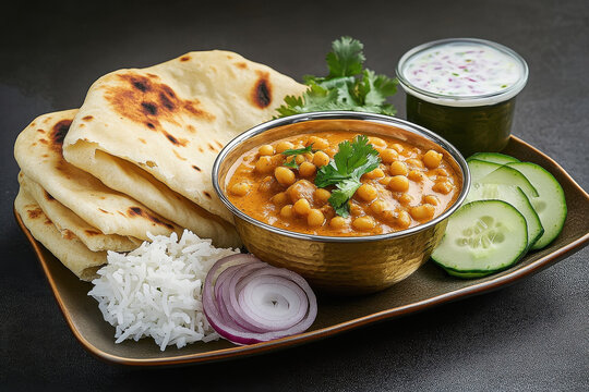A bowl filled with the traditional Indian dish channa is centrally placed on an elegant rectangular plate