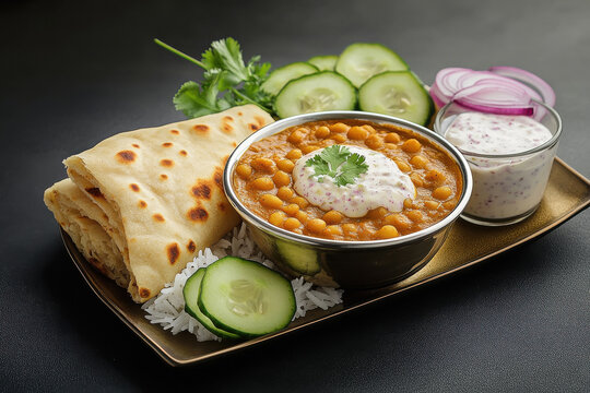 A bowl filled with the traditional Indian dish channa is centrally placed on an elegant rectangular plate
