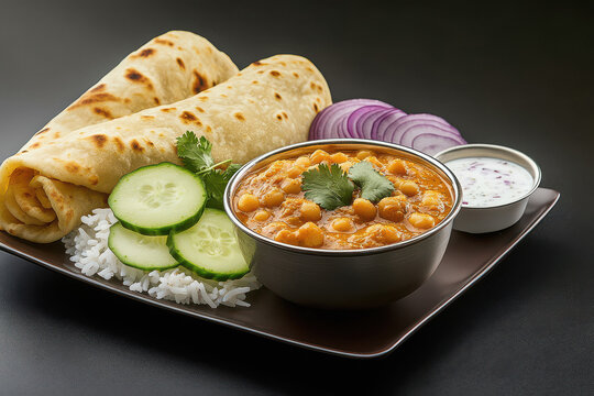 A bowl filled with the traditional Indian dish channa is centrally placed on an elegant rectangular plate
