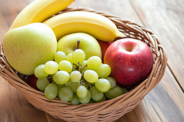 A basket of fresh fruits including apples, bananas and grapes on a wooden table.