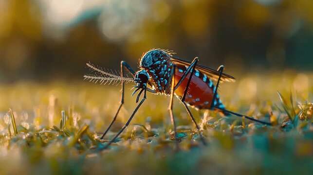Mosquito resting on grass at sunrise