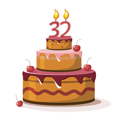 Thirty two year anniversary. Vector birthday cake. Holiday cake with candle.  Big chocolate cake. 