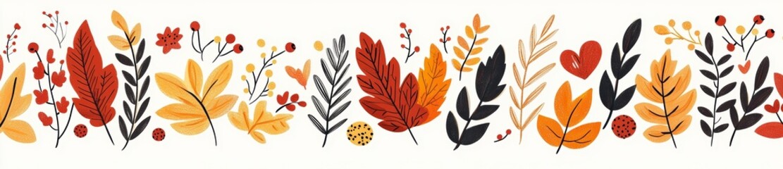 Hand-drawn watercolor leaves form a seamless horizontal pattern, perfect for an autumn floral border. Suitable for Fall, Thanksgiving, and Harvest Day decorations. Vector.