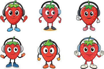 strawberry character wearing a headphone vector Illustration