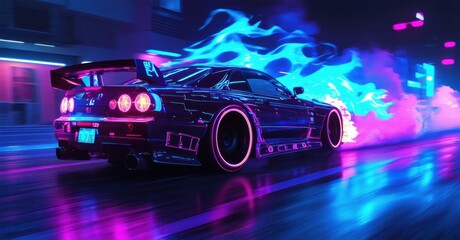 Neon street racer with a glowing neon car and digital flames, emitting bright, colorful illumination against a dark background, creating a dynamic, high-energy scene - obrazy, fototapety, plakaty