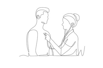 Doctor listens to patient's heartbeat. Listening to a chest concept one-line drawing