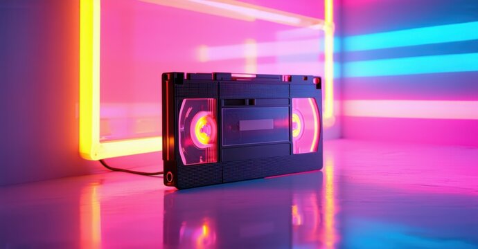 Neon rewind club with a VHS tape and tracking glitch effect, glowing with bright, colorful illumination against a dark background, evoking a retro, digital atmosphere - Powered by Adobe