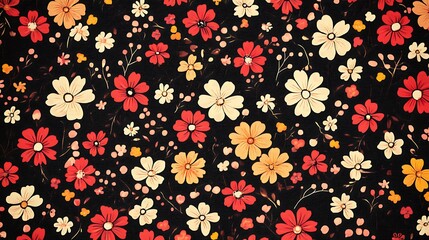 A Dark Background Floral Pattern Featuring Red Orange And White Flowers