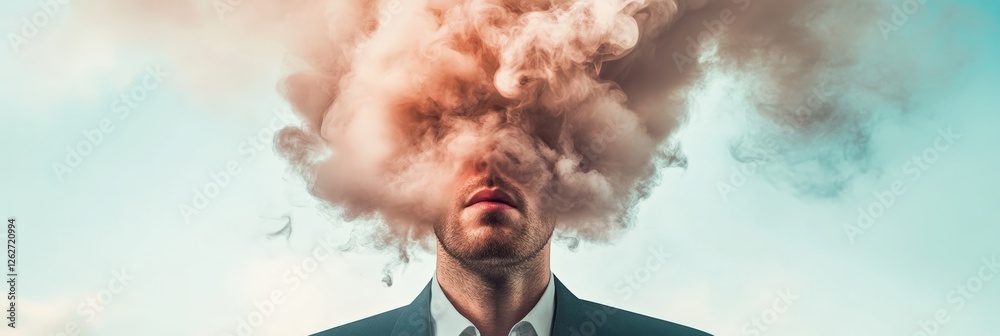 Aufkleber portrait of a businessman with his head exploding into a cloud of smoke, representing stress, inform