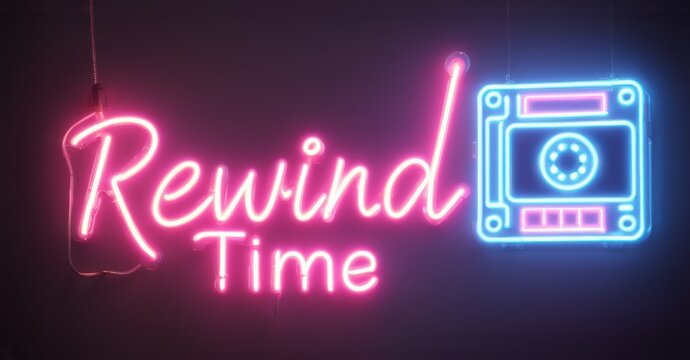 Neon sign rewind time with glowing VHS tape and rewind icon, glowing with bright, colorful illumination against a dark background, evoking retro digital energy