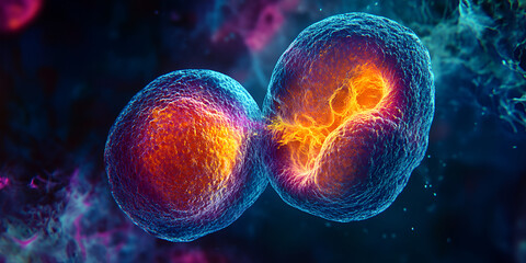 DNA cell division process, Microscopic view of two cells dividing
