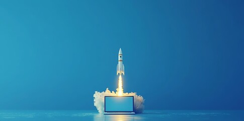 A concept of innovation and creativity depicted by a rocket launching from a laptop screen, created by AI, with a background.