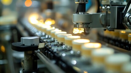 Automated machinery operates efficiently on a microchip packaging assembly line, showcasing precision in the manufacturing process. The focus is on the intricate details of the machinery.