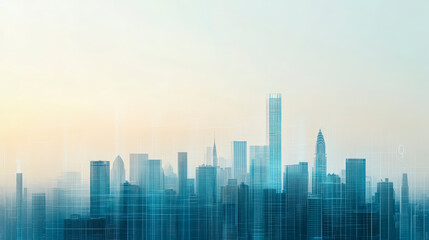 Fototapeta premium Modern city skyline in hazy sunlight, showcasing urban architecture, skyscrapers, and innovation, perfect for tech and real estate.