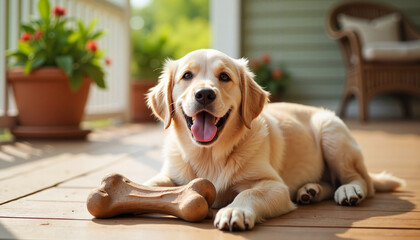 Golden Retriever puppy smiling with a large bone on a sunny porch, symbolizing joy and playfulness.