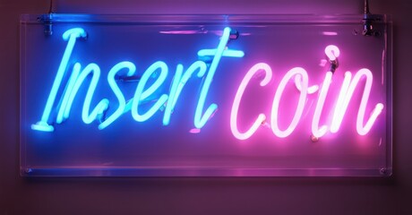 Neon sign reading insert coin glowing in electric blue and hot pink, emitting bright, colorful illumination against a dark background, creating a vibrant and dynamic scene