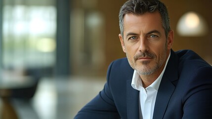 A focused businessman in a navy blazer exudes professionalism and determination