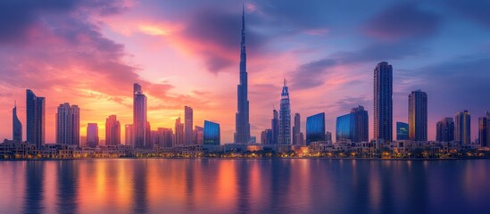 Obraz premium Cityscape sunset, waterfront, skyscrapers, colorful clouds