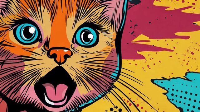 Pop art concept surprised cat. Colorful background in pop art retro comic style. Pop art animation video.