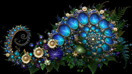 Obraz premium Jeweled Flora Fractal Spiral Galaxy Fantasy Composition Complex Ornamentation on Black Backdrop