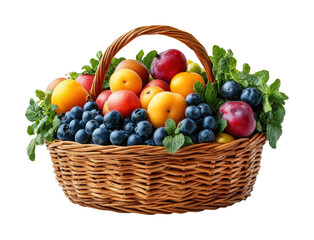 Harvesting fresh fruits in a woven basket isolated on transparent background - Generative AI