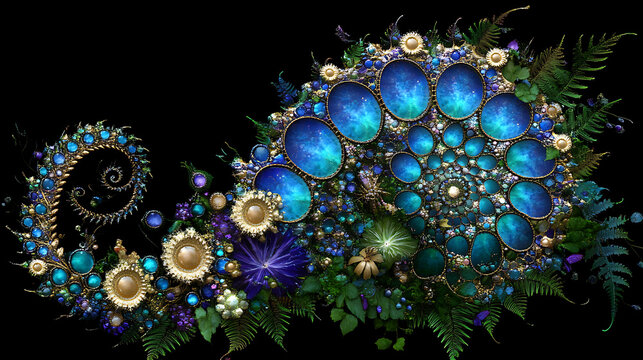 Jeweled Flora Fractal Spiral Galaxy Fantasy Composition Complex Ornamentation on Black Backdrop