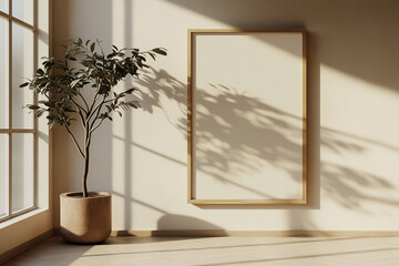 Blank wooden frame poster mockup on beige wall with minimalist aesthetic and natural textures in bright light