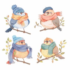 Adorable Winter Birds Cute Cartoon Birds in Hats and Scarves on Branches