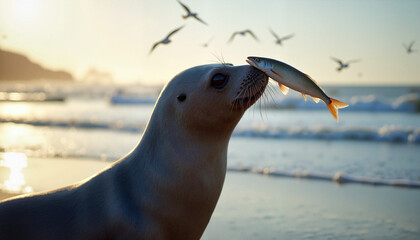 Seal balancing a fish on its nose against a serene seaside backdrop at sunset, showcasing tranquility and playful nature.