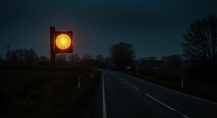 Flashing Amber Traffic Light on Dark Country Road at Night