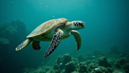 A sad sea turtle swimming near a plastic bag floating in the ocean