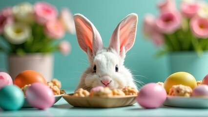 bunny ears just barely peeking over a table filled with Easter treats and eggs