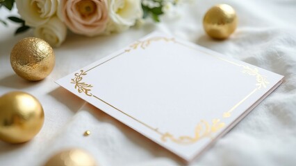 Fototapeta premium Art deco wedding invitation, decorated with gold elements, mockup