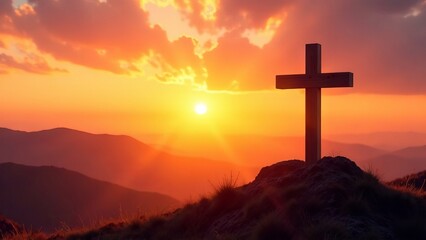 A wooden cross standing on a hilltop