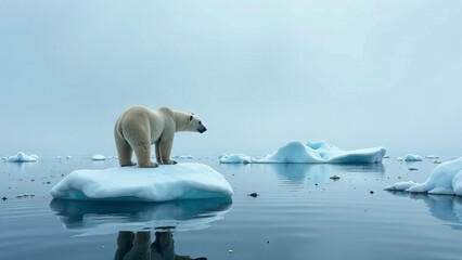 Naklejka premium lonely, thin polar bear standing on a tiny, melting ice floe
