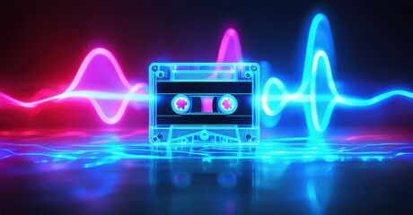 Mix tape magic with a glowing transparent cassette tape, illuminated by neon blue and pink sound waves. Futuristic retro aesthetic combining nostalgia with modern digital energy