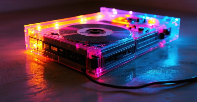 Midnight cassette deck with a transparent glowing case, illuminated by neon pink, blue, and orange lights. Retro-futuristic design blending analog nostalgia with modern aesthetics
