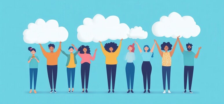 Diverse Group Holding Cloud Shapes Against a Colorful Background