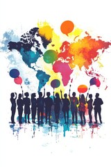 Silhouetted group with colorful speech bubbles over a world map background