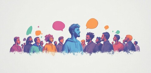 Fototapeta premium Diverse group of people with colorful speech bubbles in an abstract style