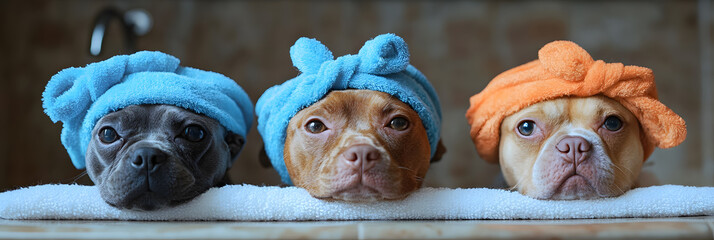 The heads of 3 graceful dogs receiving treatments in a spa. Wide banner for pet services advertising