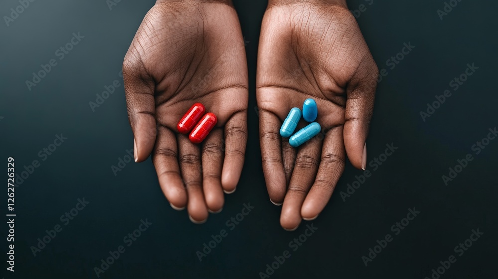 Poster two open hands presenting a difficult choice between red and blue capsules, symbolizing a dilemma, t