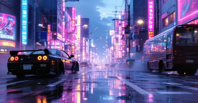Tokyo night drive with neon reflections on wet streets, cyberpunk glow, and atmospheric fog. A black sports car accelerates through the futuristic city, surrounded by vibrant lights - Powered by Adobe