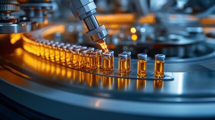 A production line efficiently fills and seals glass ampoules with liquid medication. The setting highlights advanced machinery and precision in pharmaceutical manufacturing.