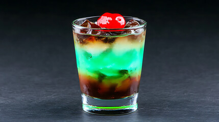 Layered Cocktail with Cherry Topping Served on Dark Surface for Refreshing Drink Concept
